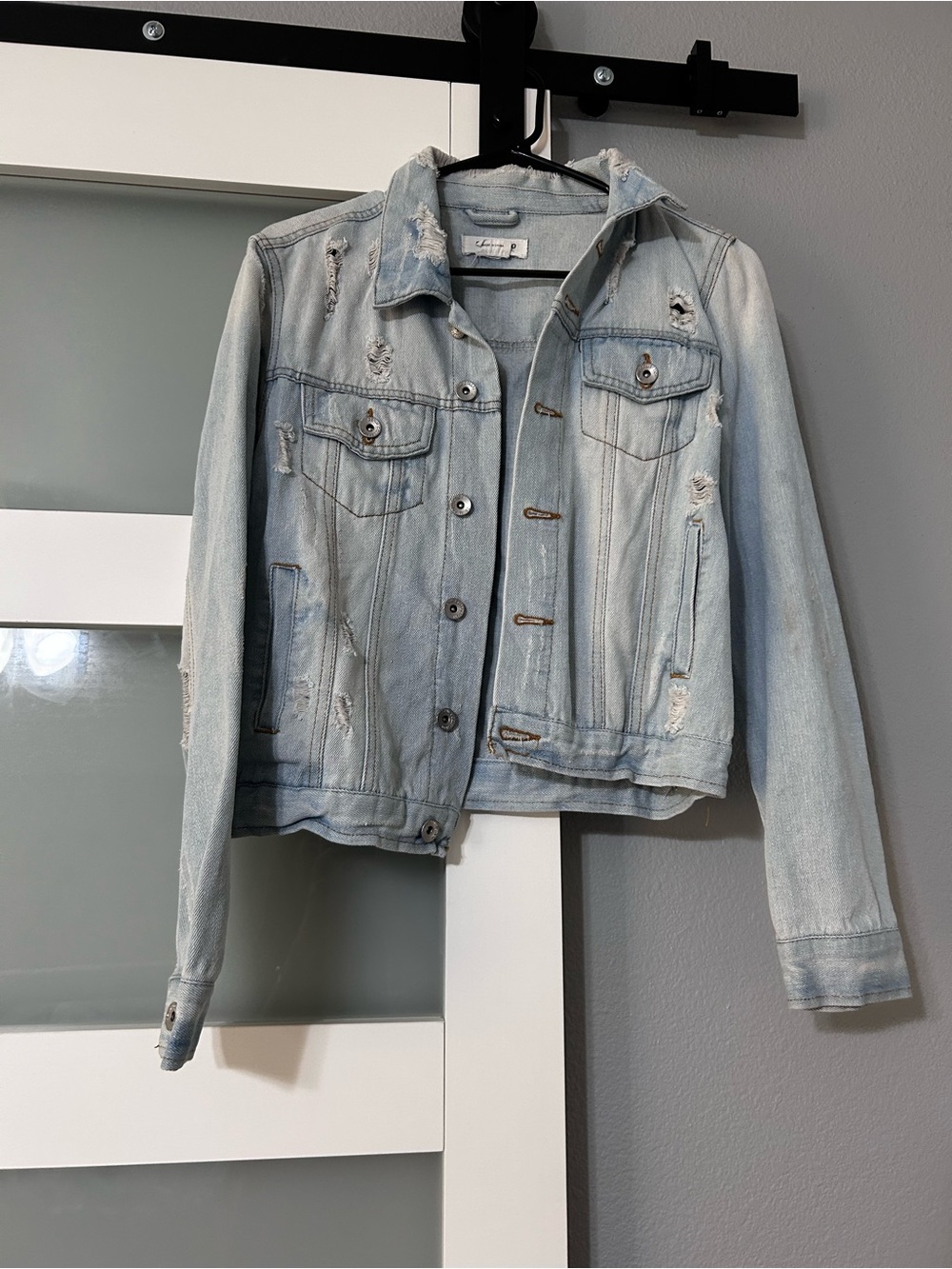 Light Blue Distressed Denim Jacket - Women